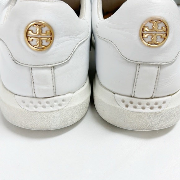 TORY BURCH White Leather Sneakers “Howell Court” Lace Up Gold Logo Size 8 - Picture 8 of 10